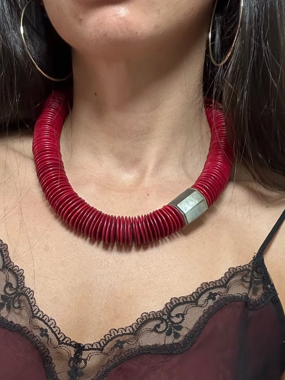 Vintage Bold Maroon Red Statement Beaded Necklace Mother of Pearl accent 19.5"